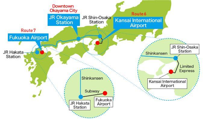 Routes 6 and 7 From Kansai International Airport, visitors can take either the railway or shinkansen to Okayama City via
