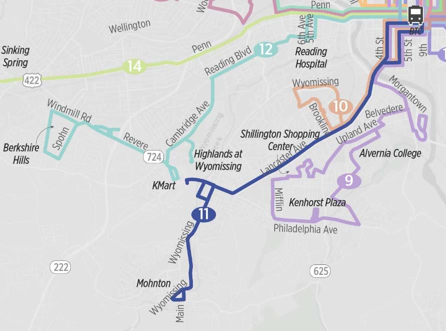 Route 11 Mohnton/Berkshire Hills via Shillington Service Levels for Route 11 for Branch 11M for Branch 11B Weekdays 5:30 AM 6:45 PM 5:30 AM 7:00 PM 5:30 AM 6:30 PM 6:00 AM 7:00 PM Early 30 30 60 60