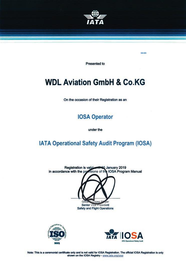 IOSA certification WDL is IOSA-certified. IOSA is the worldwide industry standard for an airline s operational safety procedures.
