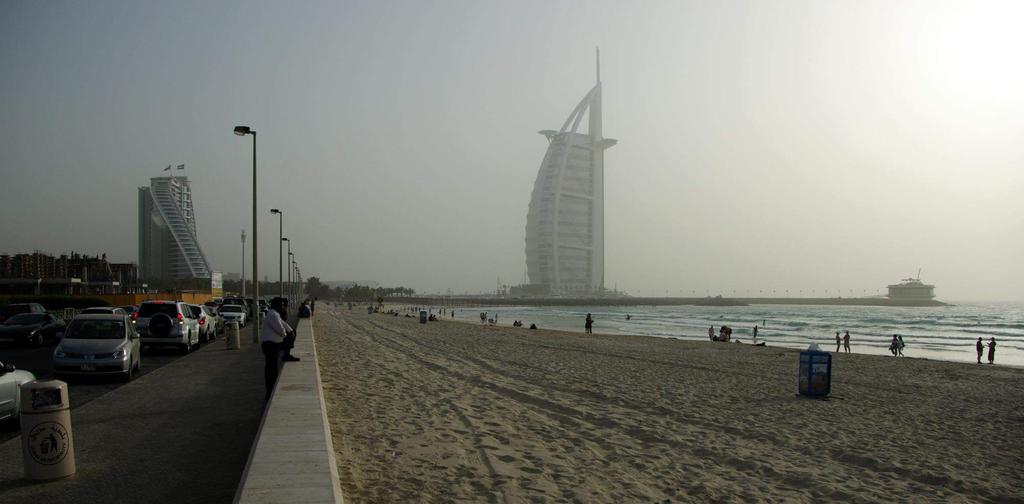 The Jumeira Beach Hotel (left) and the Burj al Arab Hotel (right) on Jumeria Beach, in Dubai,