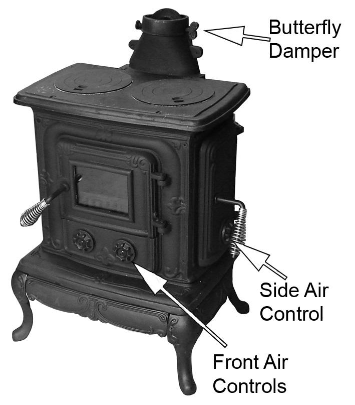The heat emitted by the stove is regulated using the air controls built into the door. This controls the burn rate and is opened to enable the stove to create more heat.