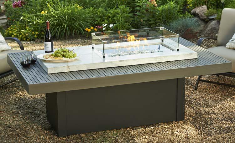 multi-level design White Ony Supercast with Taupe composite decking top Black powder coated metal base Grey glass