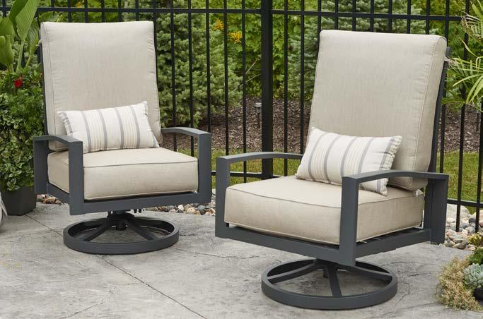 lyndale swivel rocking chair Sold in sets of 2 Graphite Grey powder coated aluminum frames Deep seating for added comfort Sunbrella fabric in Cast