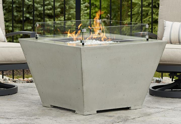 cove square Natural Grey Supercast base with square Black powder-coated Stainless Steel burner Contemporary Natural Grey concrete finish is unique to each fire pit, common attributes include pitting