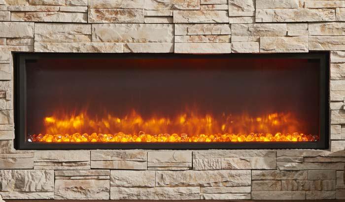 built-in linear electric fireplace GBL-64 with cool blue lighting shown with Tavern Brown 72 Mantel Clean flush finish installation Super quiet operation