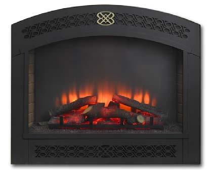 three decorative fireplace fronts: Arched, Louvered, Arched Rectangular Operating costs as low as a penny per day with flame and backlighting, and 9-18