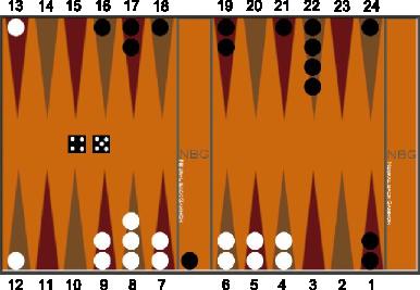 8 Poglavje 2: Igra backgammon Slika 2.2: Beli igralec lahko naredi potezo 20-16 in pri tem izbije črn žeton iz 16. polja, ne more pa narediti poteze 20-19, ker so na 19. polju 3 črni žetoni.