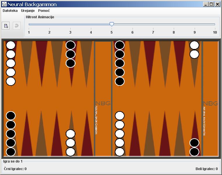 33 Slika 5.1: Začetni prikaz aplikacije NBG Možnosti razdeljeno na dva dela. Na levi strani se nahajajo parametri za igranje, na desni pa za učenje.