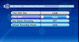 GLAVNI IZBORNIK 3.4.3 Recording Preference (podešavanje) 1. Time shift Size: Prikazuje veličinu (u MB ili GB) uređaja za snimanje 2. Time Shift: Možete izabrati između AUTO, OFF, i Pause 3.