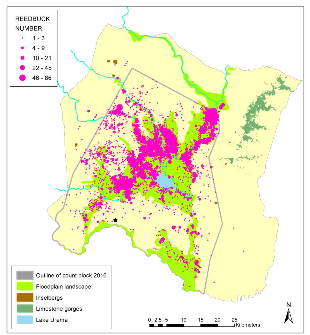 Fig. 4: Spatial distribution of waterbuck during the 2016 aerial wildlife count. Fig.