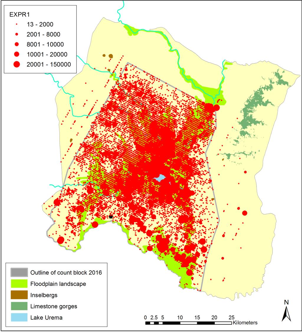 2.4. Wildlife biomass Biomass (kg) The distribution of animal weight is plotted across the landscape (Fig. 19). The highest animal biomass is found in the floodplain around and north of Lake Urema.