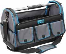 96 PRO SUPER OPEN MOUTH TOOL BAG Extremely tough construction for ultimate durability Injected polypropylene hard base Strong rubber grip handle and padded shoulder strap Multiple use tool