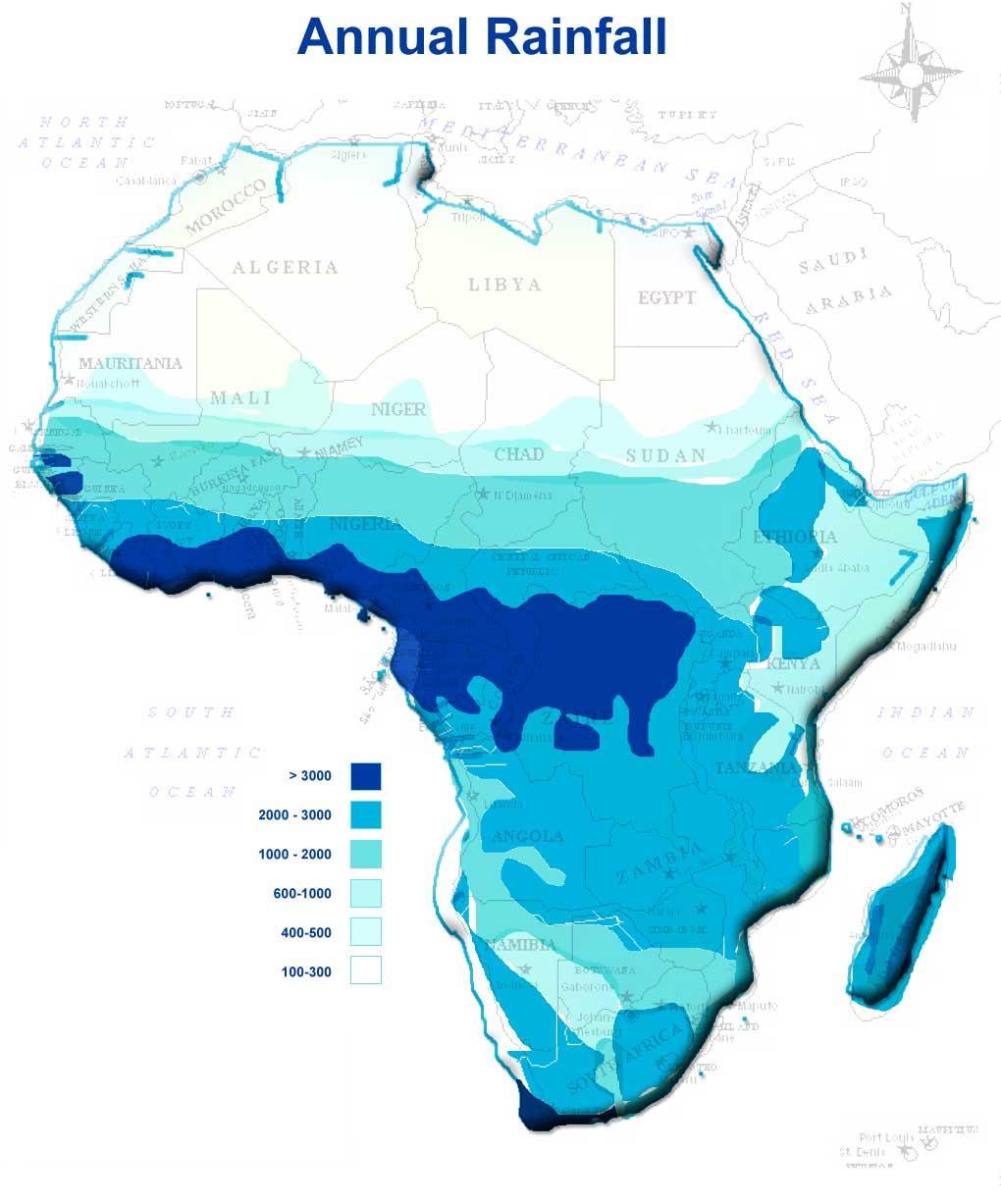 Precipitation Varies : Rainforest of Central Africa gets: Most of continent has: Areas closest to