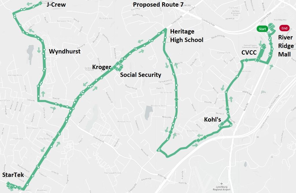Proposed Route 7 Benefits Direct connections from Timberlake and Enterprise Drive to Wards Road/ River Ridge Mall.
