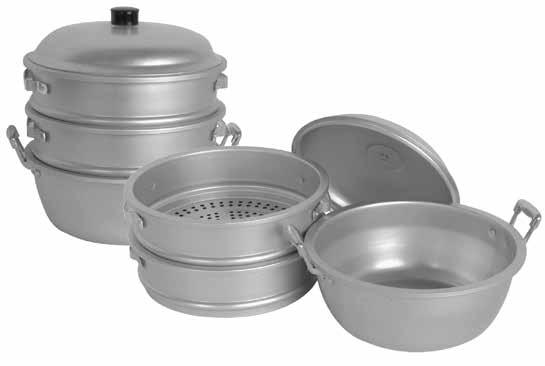 ALUMINUM STEAMERS Complete set of four parts, with bottom, two middle perforated stacks, and lid. Handles built into all sides of all compartments for safe handling while hot.