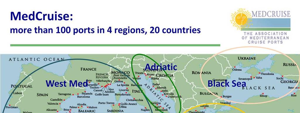 Αs of today, MedCruise represents over 100 ports and 30 associate members from 21 countries, distributed in four regions: