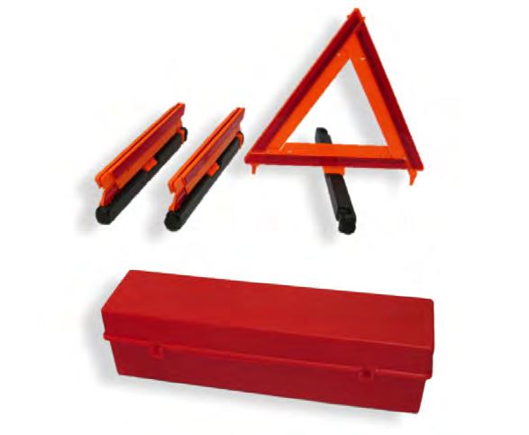 EMERGENCY TRIANGLE Emergency Triangle Kit Kit contains three HD triangles packaged in a red plastic box Fluorescent orange plastic and red reflectors is visible day or night Snaps