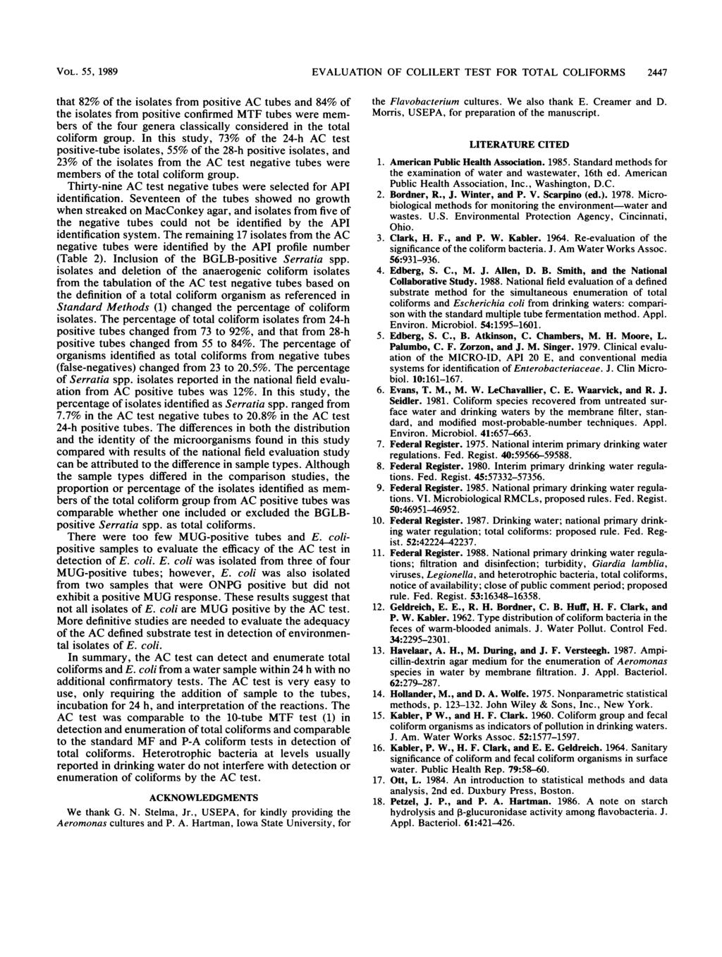VOL. 55, 1989 EVALUATION OF COLILERT TEST FOR TOTAL COLIFORMS 2447 that 82% of the isolates from positive AC tubes and 84% of the isolates from positive confirmed MTF tubes were members of the four