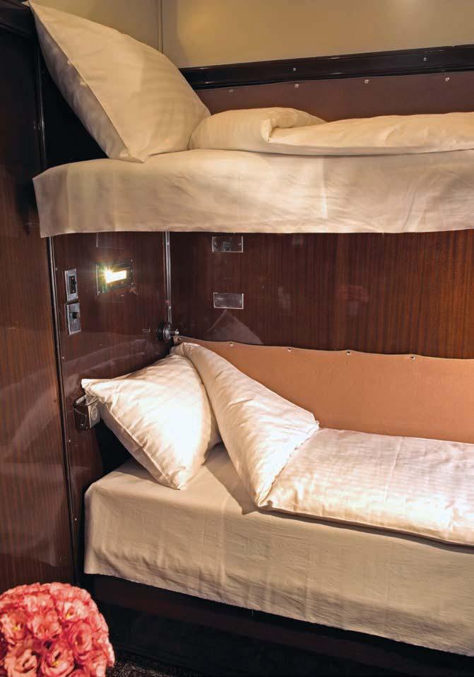 Each cabin has wood-panelled walls, air-conditioning, power sockets and hanging space. A range of toiletries and a dressing gown are provided.