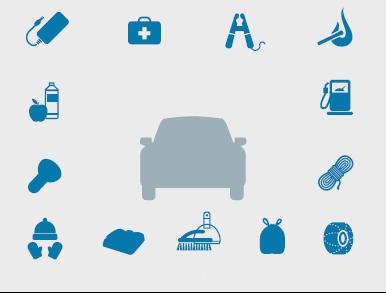 The diagram below illustrates basic items to keep in your car in case of an emergency / disaster situation: CELL PHONE FIRST AID KIT JUMPER CABLES FLARES WATER & SNACKS