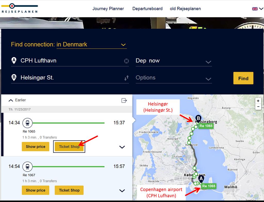 Buying the railway ticket online (1) You can check train journeys from the station CPH Lufthavn to the station Helsingør St.