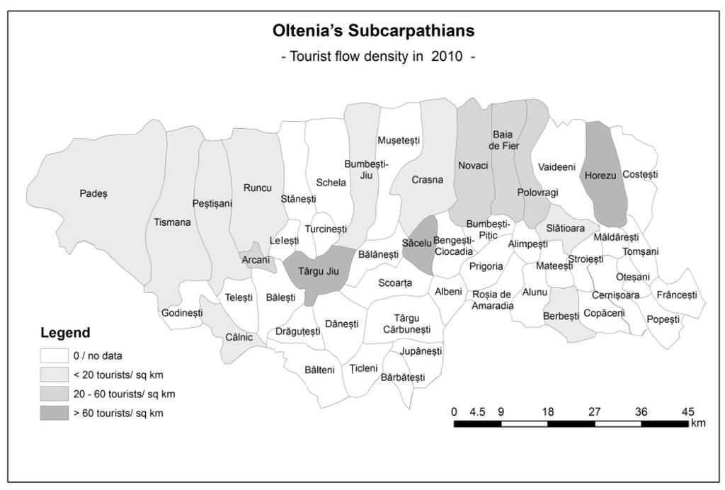 The most important index for touristic circulation in Oltenia s Subcarpathians is tourist flow density (fig. 5), which was calculated reporting the tourists number to the area.