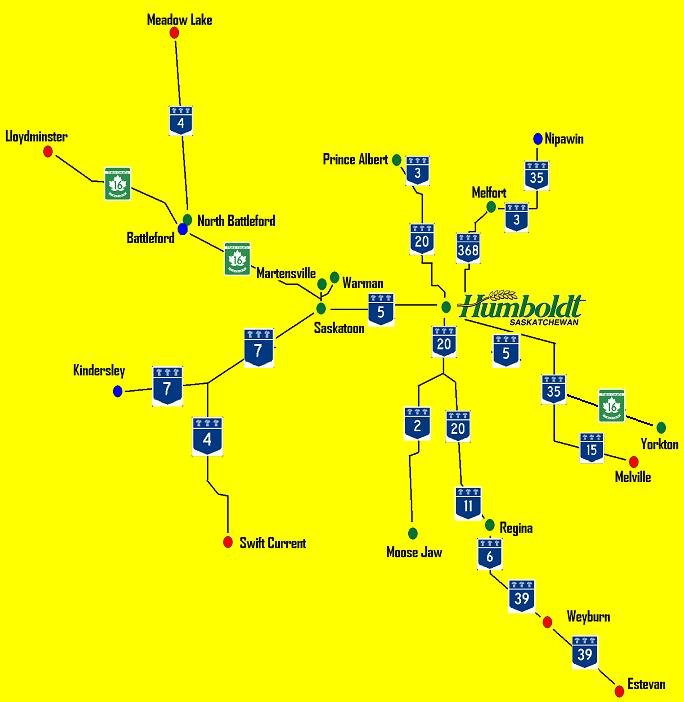 Location Information Saskatchewan Cities Map The Humboldt Uniplex is located in the very heart of Saskatchewan, the most central in relation to the other 15 cities.