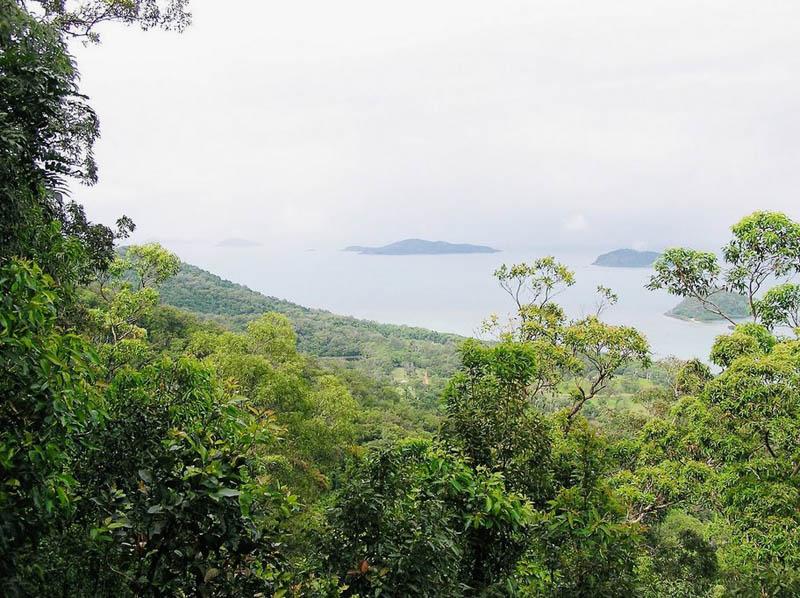 This view from Mt Kootaloo on Dunk Island shows Kumboola Island on the far right behind the trees, and, Thorpe Island next left, then
