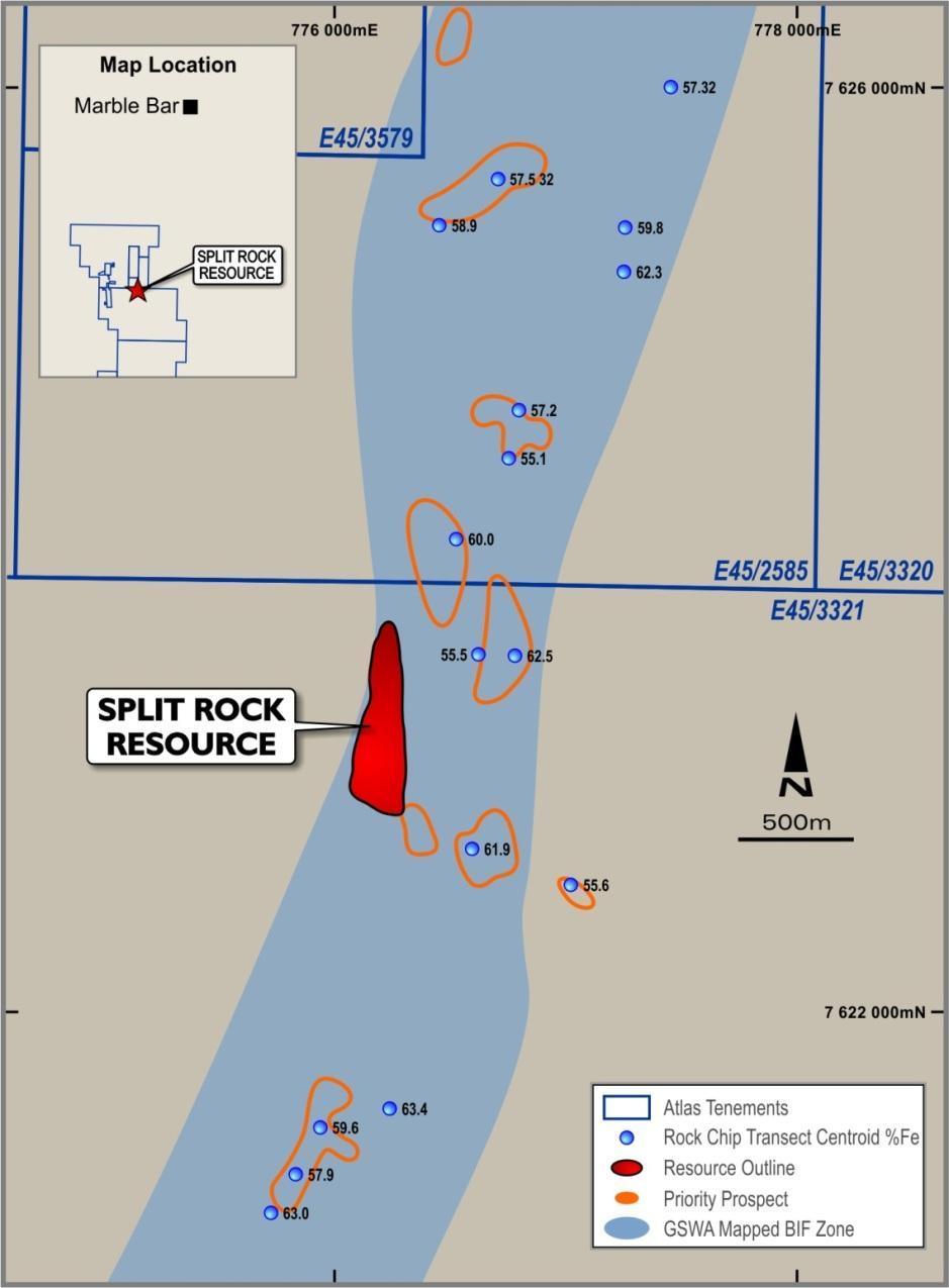 Figure 2 Corunna Downs Split Rock Resource location and mapped surface enrichment within the prospective BIF horizon with rock chip results displaying Fe%.