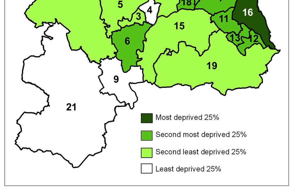 within the most (40%) deprived and two neighbourhoods within the least (30%) deprived in the Borough.