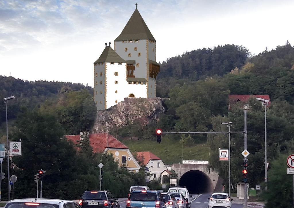 Picture 4 Reconstruction of the appearance of the Šalek castle from the 14th century, placed in modern environment.