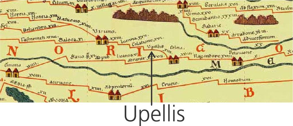 Drawing 1 Depiction of Upellis in Roman Noric, supposingly Stara vas near Velenje/Šalek on the roman map Tabula Peutingeriana. https://upload.wikimedia.org/wikipedia/commons/5/50/tabulapeutingeriana.