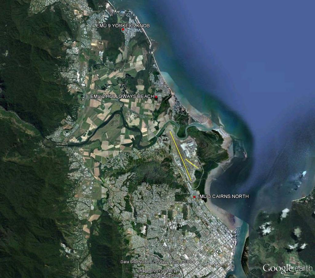Figure 1: Location of Cairns Airport. Runway orientation for airport is shown in the insert. Noise monitoring sites are shown as red dots.