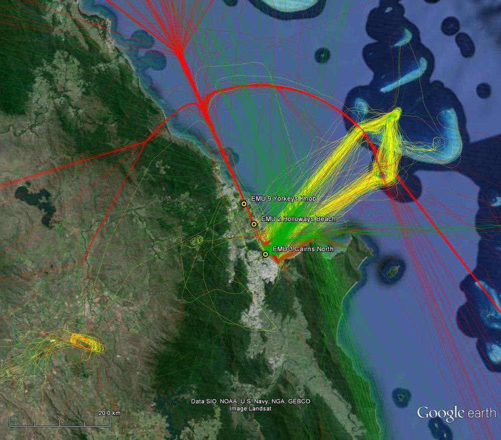 2.2 Non jet aircraft Figure 3 shows non jet tracks (arrivals and departures) in the Cairns region. Noise monitors (EMUs) are shown as yellow circles.