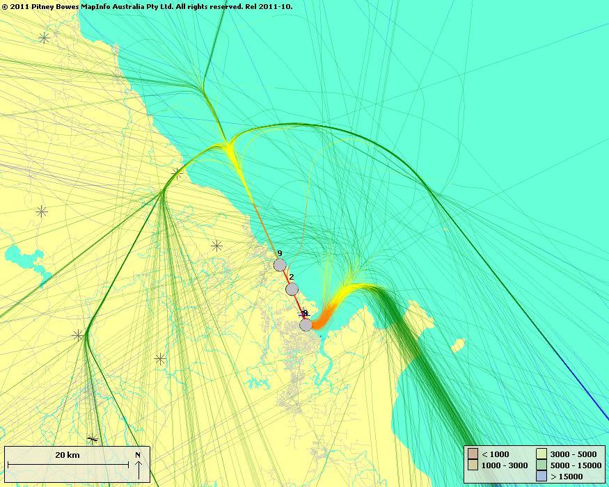 3 Aircraft Movements and Altitude 3.1 Jet Arrivals / Departures by Altitude Figure 4 below shows jet aircraft track plots for arrivals and departures at Cairns Airport coloured by altitude.