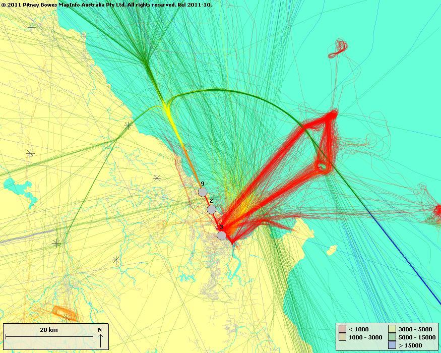 3.2 Non-Jet Arrival / Departures by Altitudes Figure 5 below shows non jet tracks (arrivals and departures) for the Cairns region coloured by altitude. Noise monitors (EMUs) are shown as grey circles.