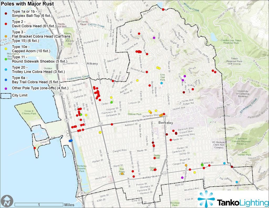 CITY OF BERKELEY, CA STREETL IGHT COND ITION ASSESSMENT TANKO LIGHTING Map 2: Poles found to have major rust during Tanko