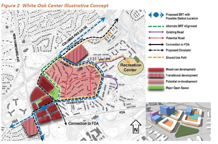 Figure 6 White Oak Center Illustrative Concept 1.6.2 Existing Land Use The plan envisions the White Oak area transitioning from an auto-centric, 3,000-acre regional activity center north of Silver Spring to an urban focused development.