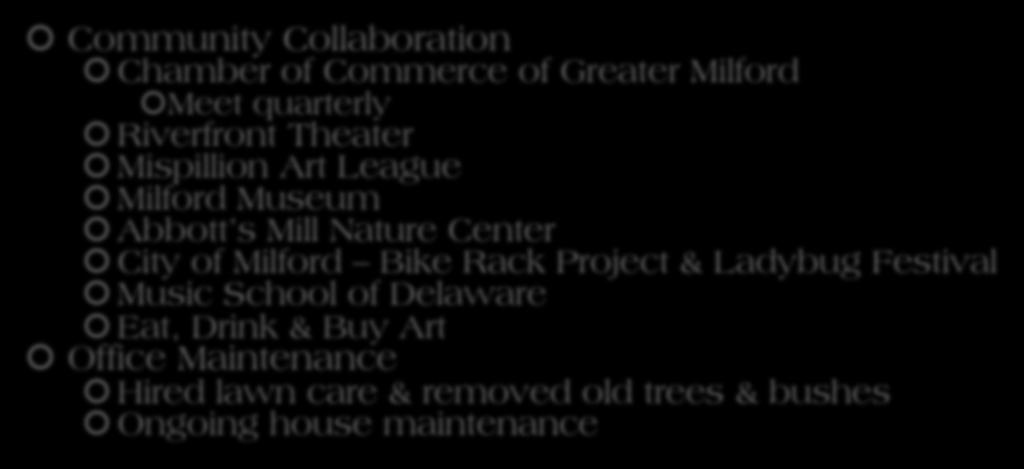 Organization Delivering on the Promise Community Collaboration Chamber of Commerce of Greater Milford Meet quarterly Riverfront Theater Mispillion Art League Milford Museum Abbott s Mill Nature