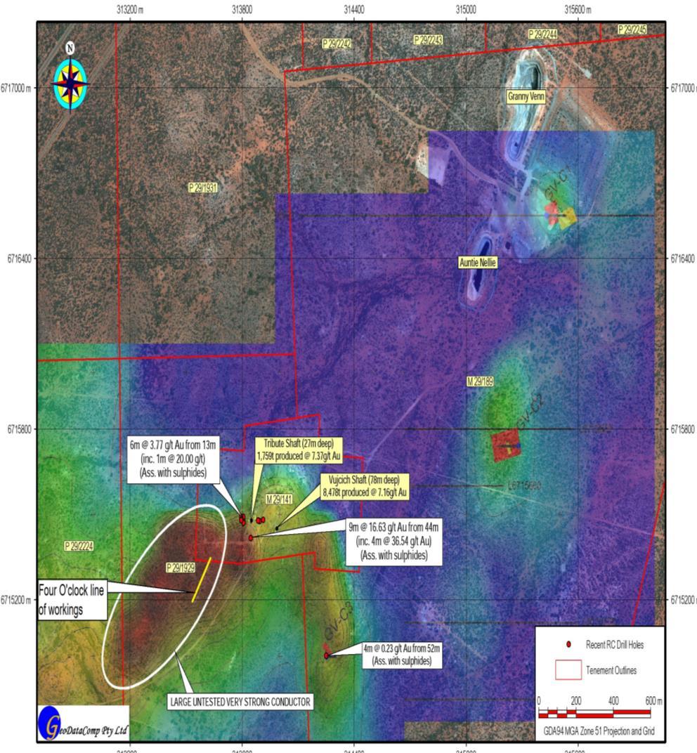 EAST MENZIES FOUR O CLOCK TARGET 2 400 metres south west of historic Goodenough mine Area with 160 metre strike line of historic underground mine workings Extensive electromagnetic conductor