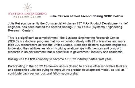 Boeing s 2 nd SERC Fellow Julie Peirson 737 MAX Product