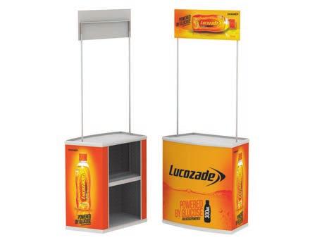 PUBLI-SB Sampling Booth Provides a portable indoor/outdoor demo stand option. It offers a large under counter storage area. Removable full color digital graphic wraps can be used for branding.