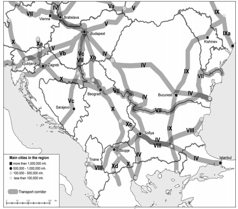 Figure 2. Pan-European corridors in SE Europe Retrieved from: Grčić M., Ratkaj I. (2004).