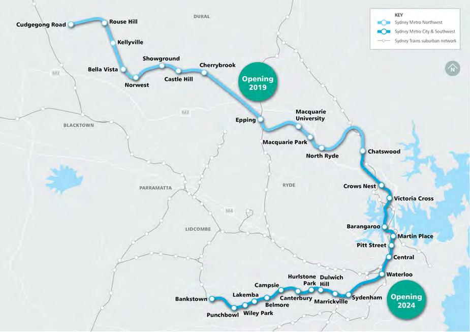 Figure 1: Sydney Metro alignment map Stage 2 of Sydney Metro includes the construction and operation of a new metro rail line from Chatswood, under Sydney Harbour through Sydney s CBD to Sydenham and