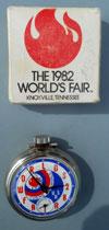 Estimate: 0-0 Category: 1982 World's Fair Knoxville (312 to 315) Lot # 312 - Pocket Watch in the original box with the letters "WORLDSFAIR82" around the dial in place of the hour numbers.
