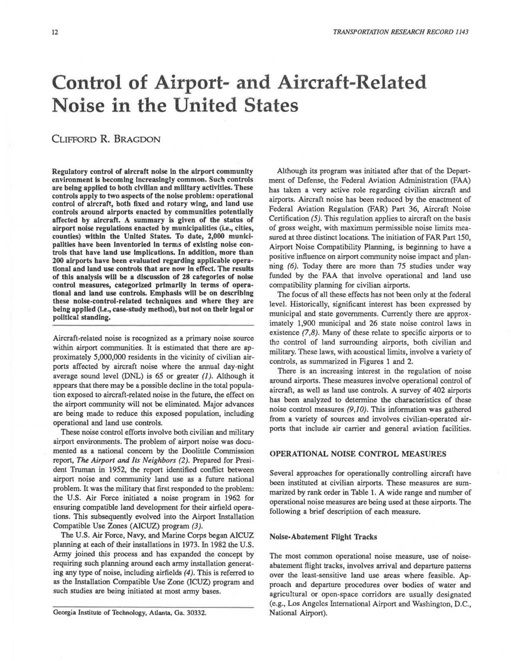 12 TRANSPORTATION RESEARCH RECORD 1143 Control of Airport- and Aircraft-Related Noise in the United States CLIFFORD R.