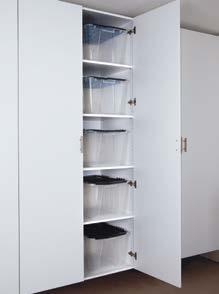 Extra deep cabinets have enough room to fit large storage bins front to back on a