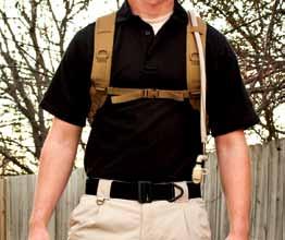 The sternum and padded shoulder straps have quick-release buckles for easy removal.