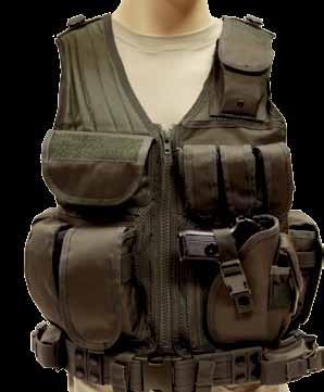 Tactical Accessories Cross Draw Vest Rifle stabilizer #520 Glove pouch Name panel 3-pistol mag pouches Utility pouch Hard-form pistol holster 3-30-round mag pouches Pistol