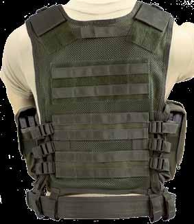 There is an adjustable hard-form pistol holster on the left side of the chest for a quick, convenient draw. Above the pistol holster are three pistol mag pouches.